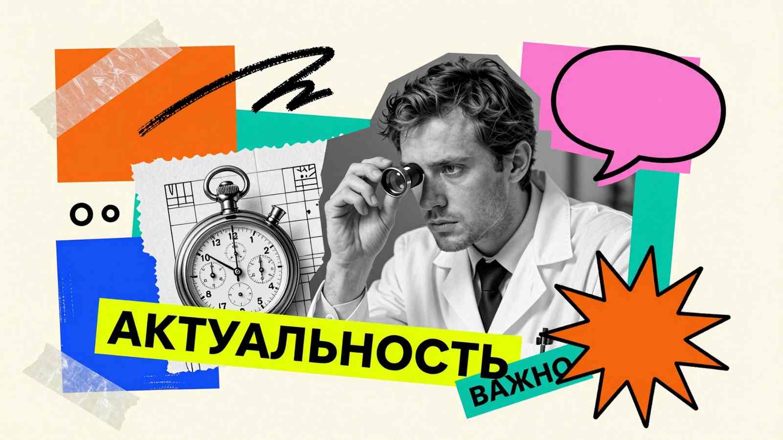 Актуальность исследования: концептуальный эдиториал-коллаж с исследователем, винтажным хронографом и типографикой на бумажных плашках