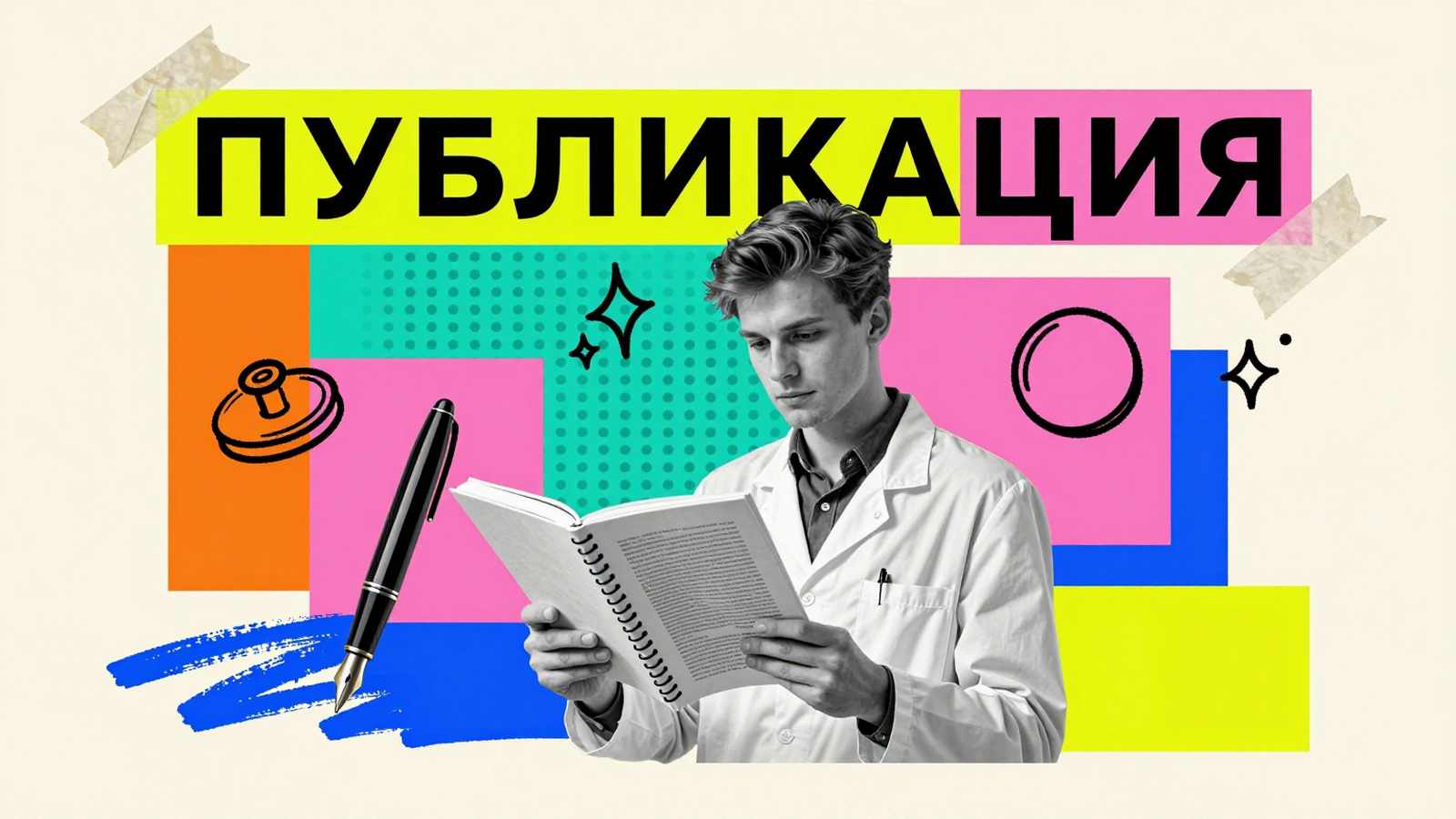 Особенности написания статей для магистерских диссертаций: коллаж с исследователем, научным журналом, перьевой ручкой и надписью Публикация