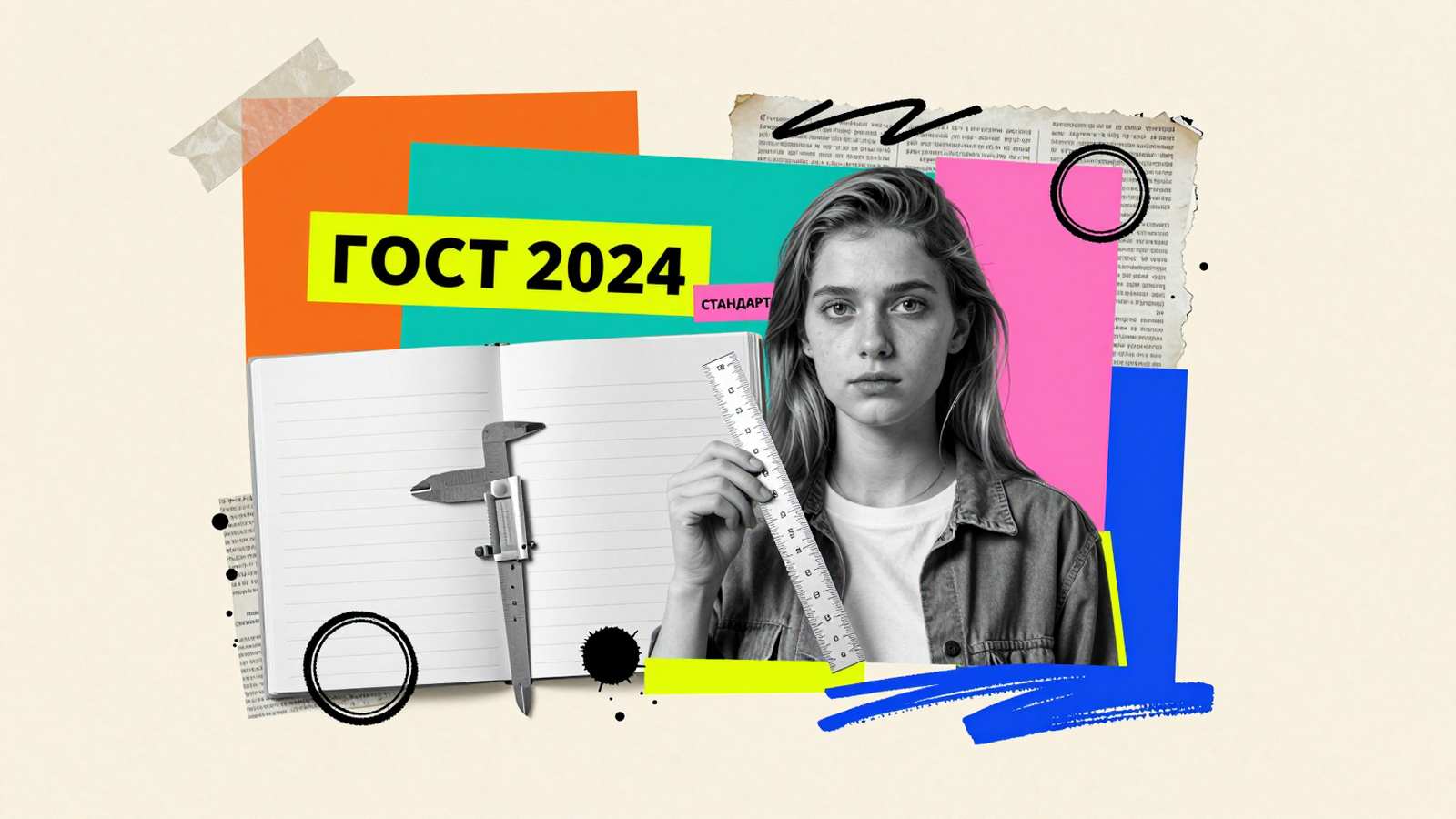 ГОСТ 2024 по оформлению курсовой работы: коллаж со студенткой, измеряющей поля страницы металлической линейкой по академическим стандартам