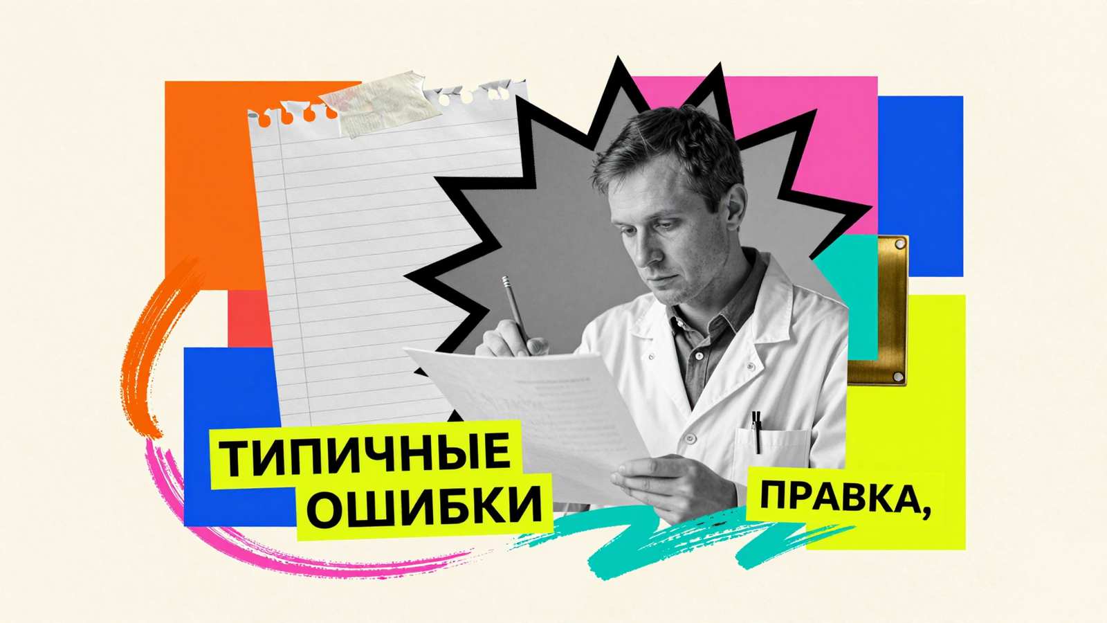 Ошибки на курсовой работе: концептуальный арт-коллаж с исследователем, исправляющим черновик научного исследования, и графическими элементами правки