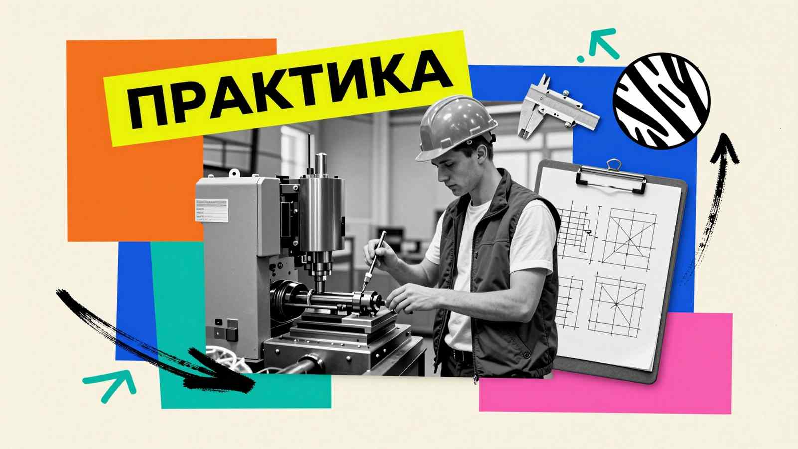 Производственная практика студентов ВУЗов: плакатный фотоколлаж со стажером на производстве и техническими инструментами