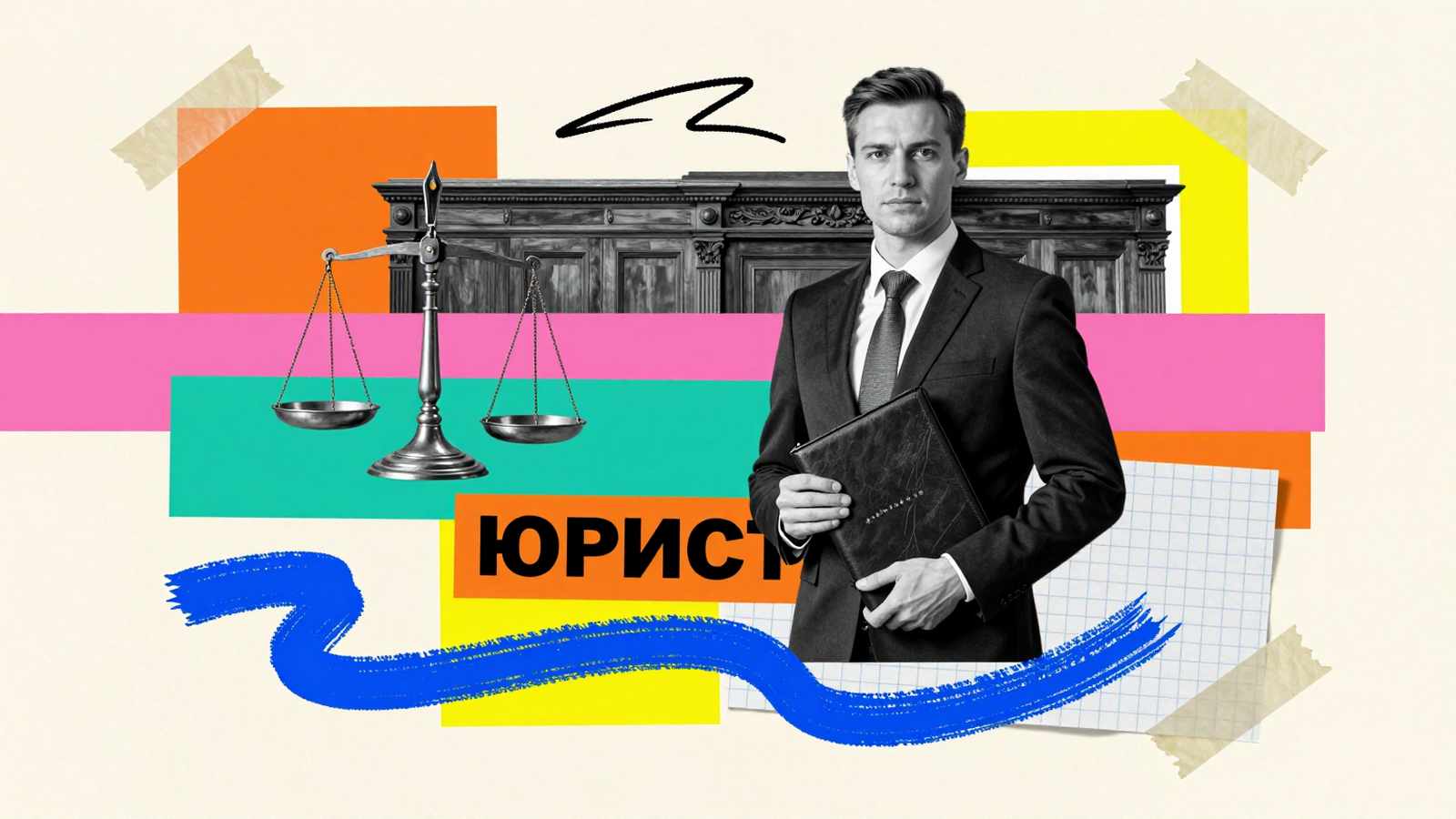 Востребованность профессии юриста: коллаж с силуэтом правового консультанта, весами правосудия и строгими геометрическими элементами