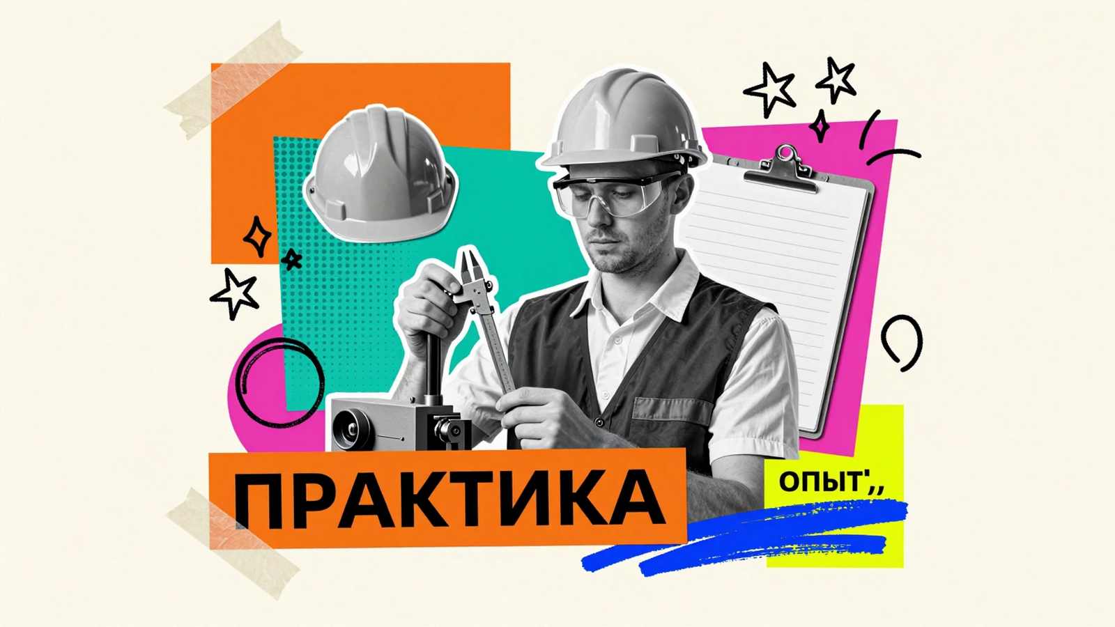 Преддипломная практика студентов: коллаж со стажером на производстве, каской, измерительными инструментами и типографикой