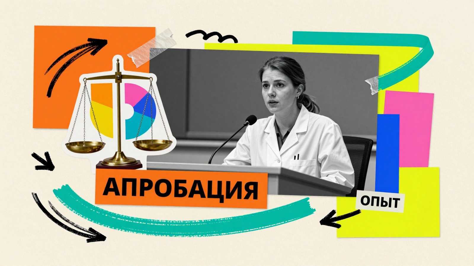 Апробация результатов научного исследования: коллаж с выступлением исследователя за трибуной и лабораторными весами для подтверждения гипотез