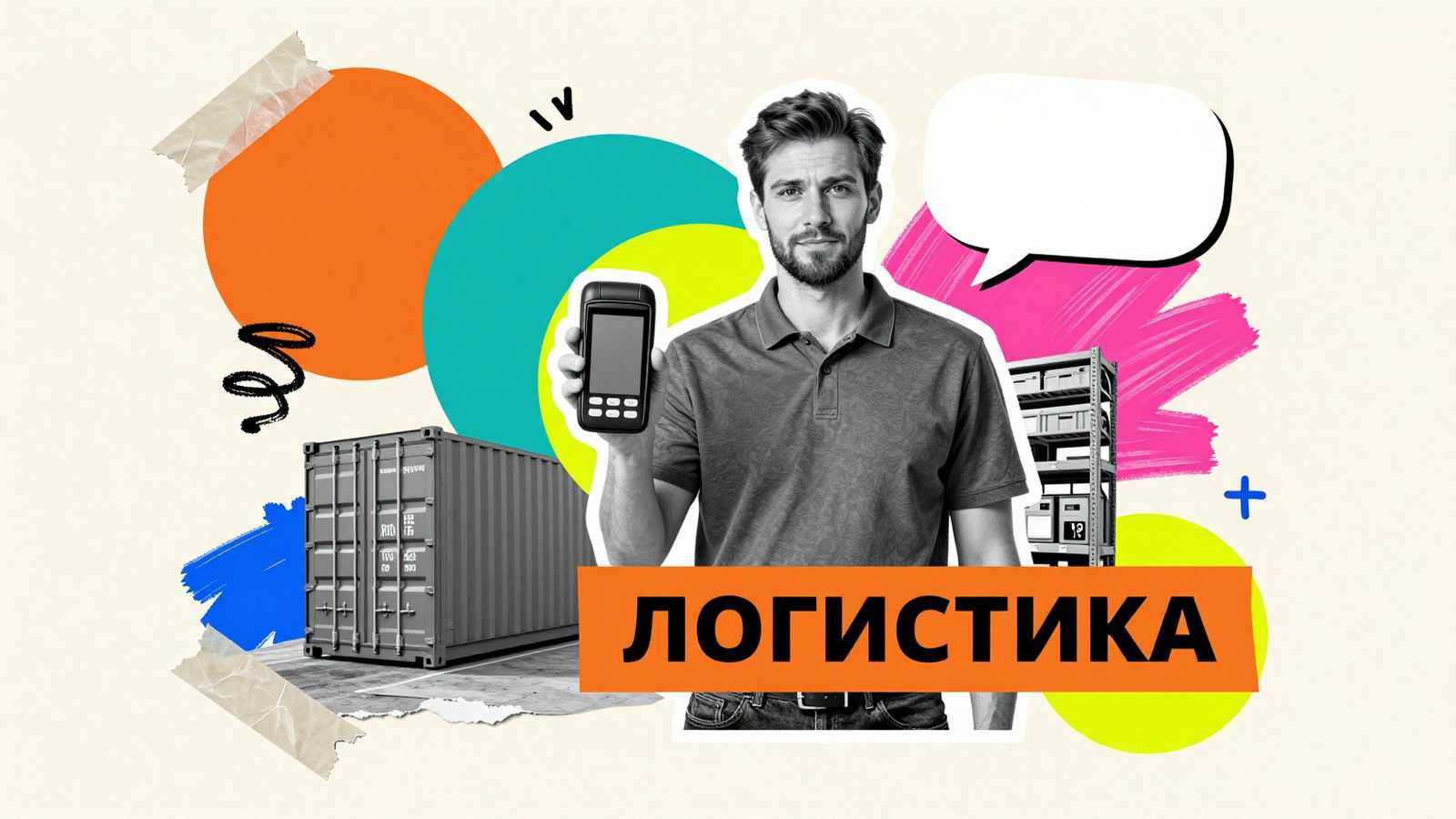 Студенческие и аспирантские работы по логистике: коллаж с логистическим менеджером, грузовым контейнером и яркими графическими схемами оптимизации потоков.