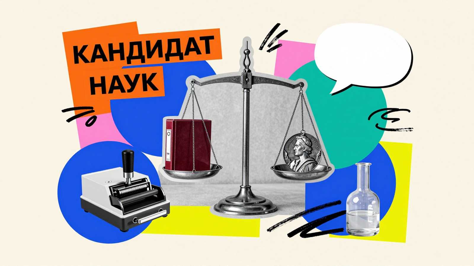 Российский аналог ученой степени PhD: концептуальный арт-коллаж с весами, академическим переплетом, медальоном и типографикой кандидат наук