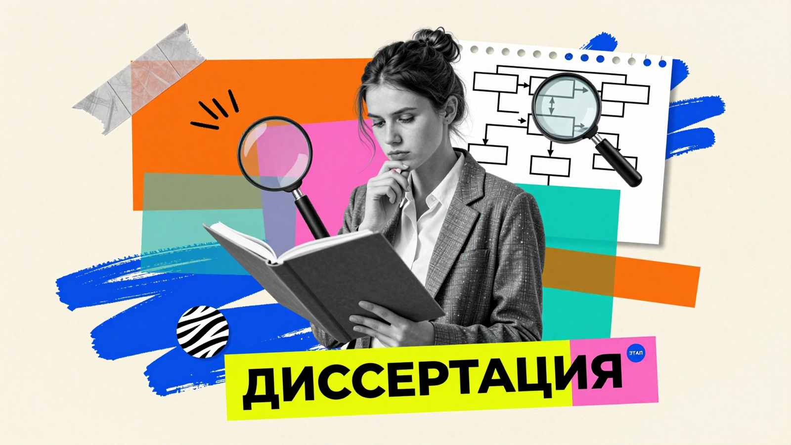 Алгоритм написания диссертационного исследования: пошаговая структура и методология научной работы в коллажной иллюстрации