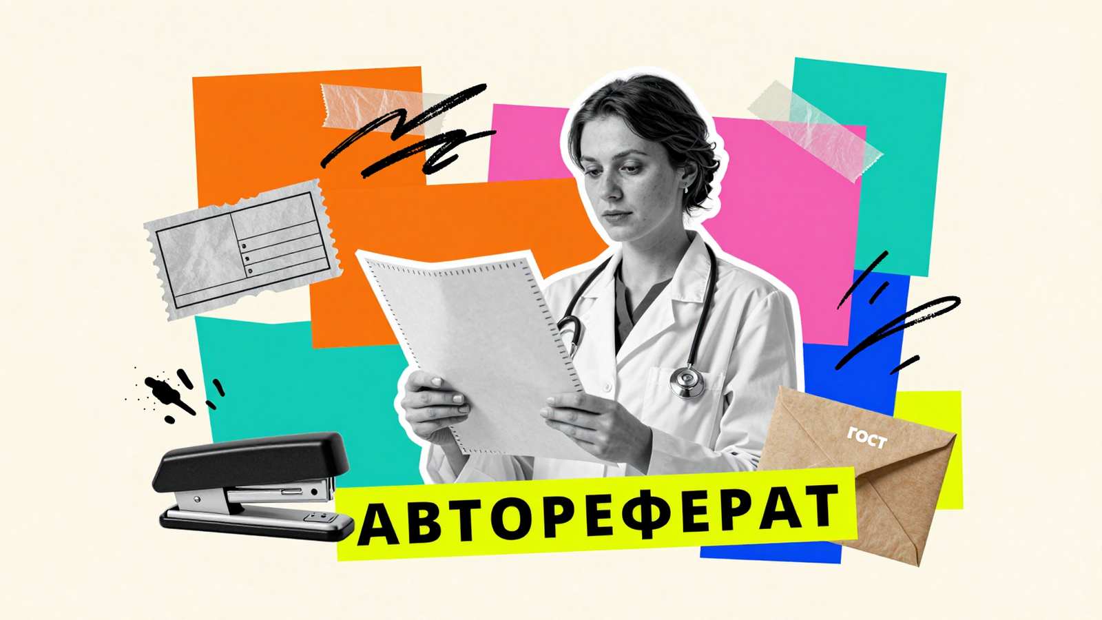 Оформление автореферата кандидатской диссертации: коллаж с исследователем, готовой сброшюрованной брошюрой и почтовым конвертом для рассылки по институтам