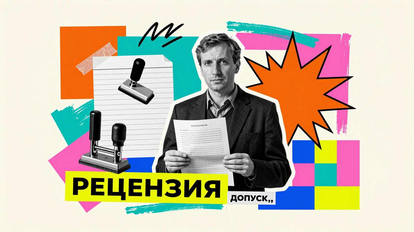 Рецензия на дипломную работу: арт-коллаж с фигурой научного руководителя, бланком допуска к защите и официальным штемпелем