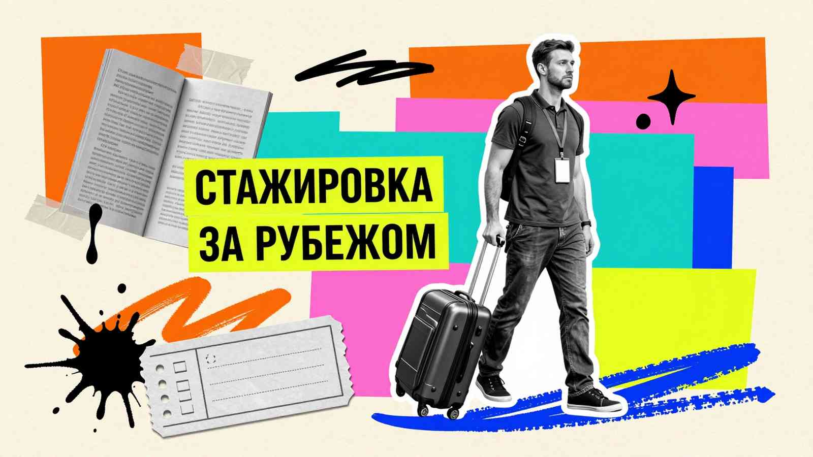 Стажировка за рубежом Стажировка за границей: арт-коллаж с фигурой стажера с чемоданом, бейджем участника и посадочным талоном на ярком фоне