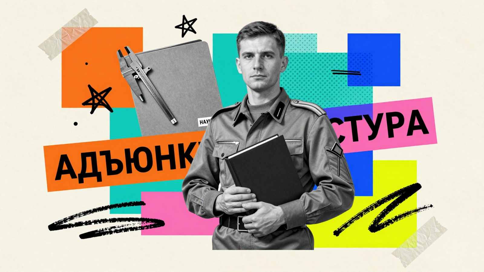 Обучение в адъюнктуре Кто обучается в адъюнктуре: арт-коллаж с офицером, научными чертежными инструментами и надписью адъюнктура на плакатных полосах