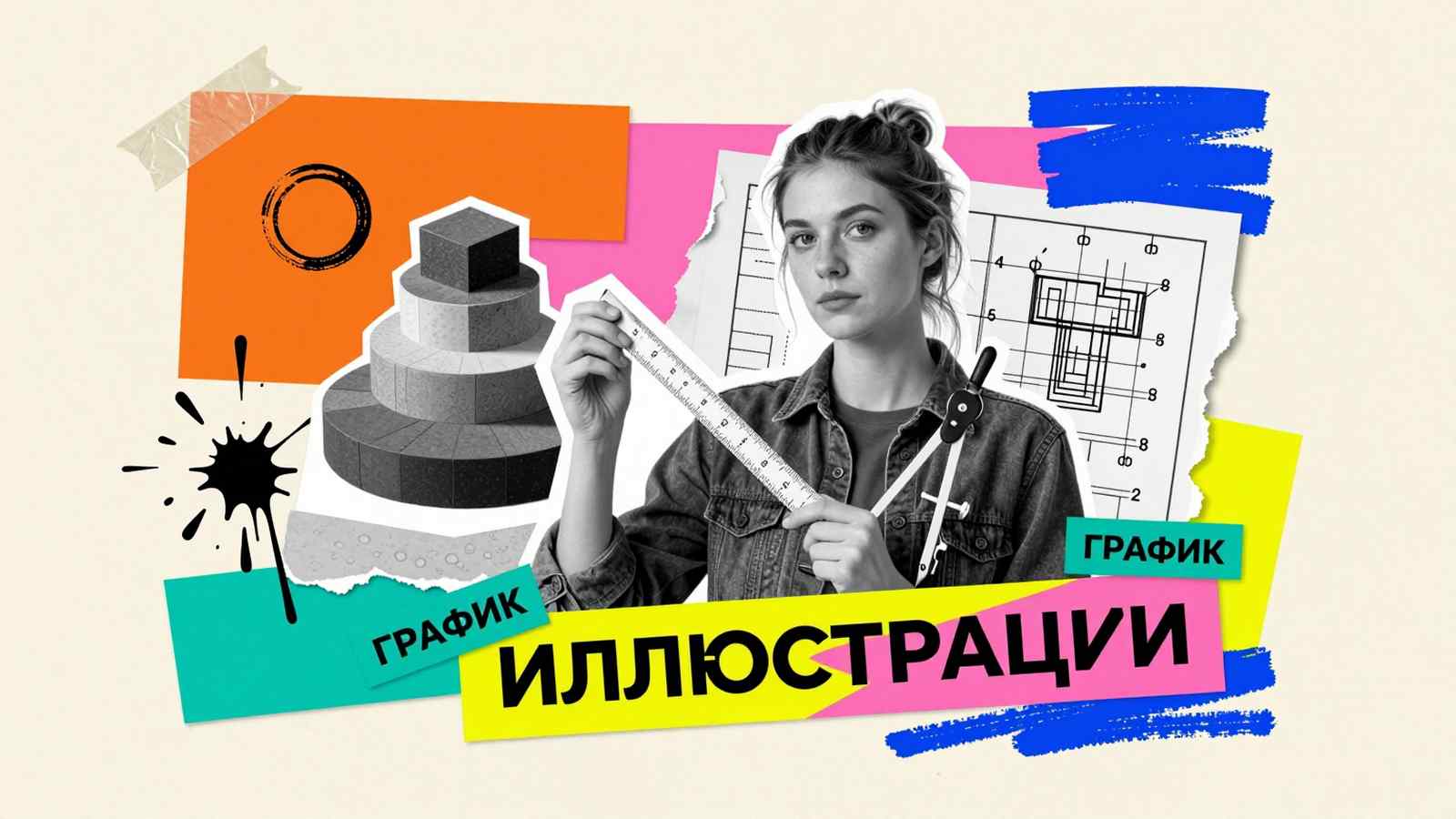 Иллюстративный материал Выбор иллюстративного материала при написании дипломной работы: арт-коллаж со схемами, диаграммами и чертежными инструментами для оформления исследования.