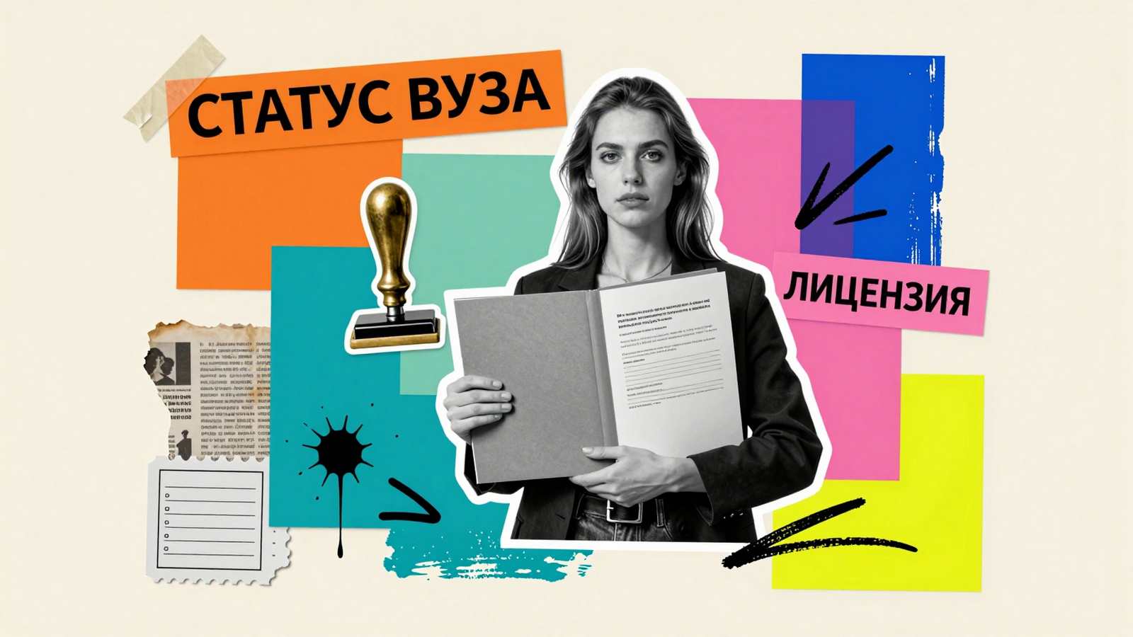 Статусы ВУЗов Новые статусы ВУЗов: коллаж с государственной печатью, бланком аккредитации и абитуриентом, проверяющим лицензию учебного заведения