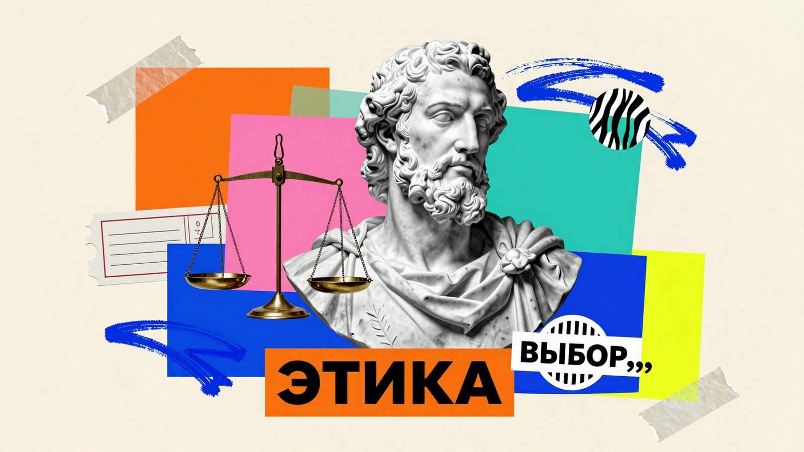Этика как научная дисциплина: концептуальный эдиториал-коллаж с бюстом античного философа и чашами весов правосудия