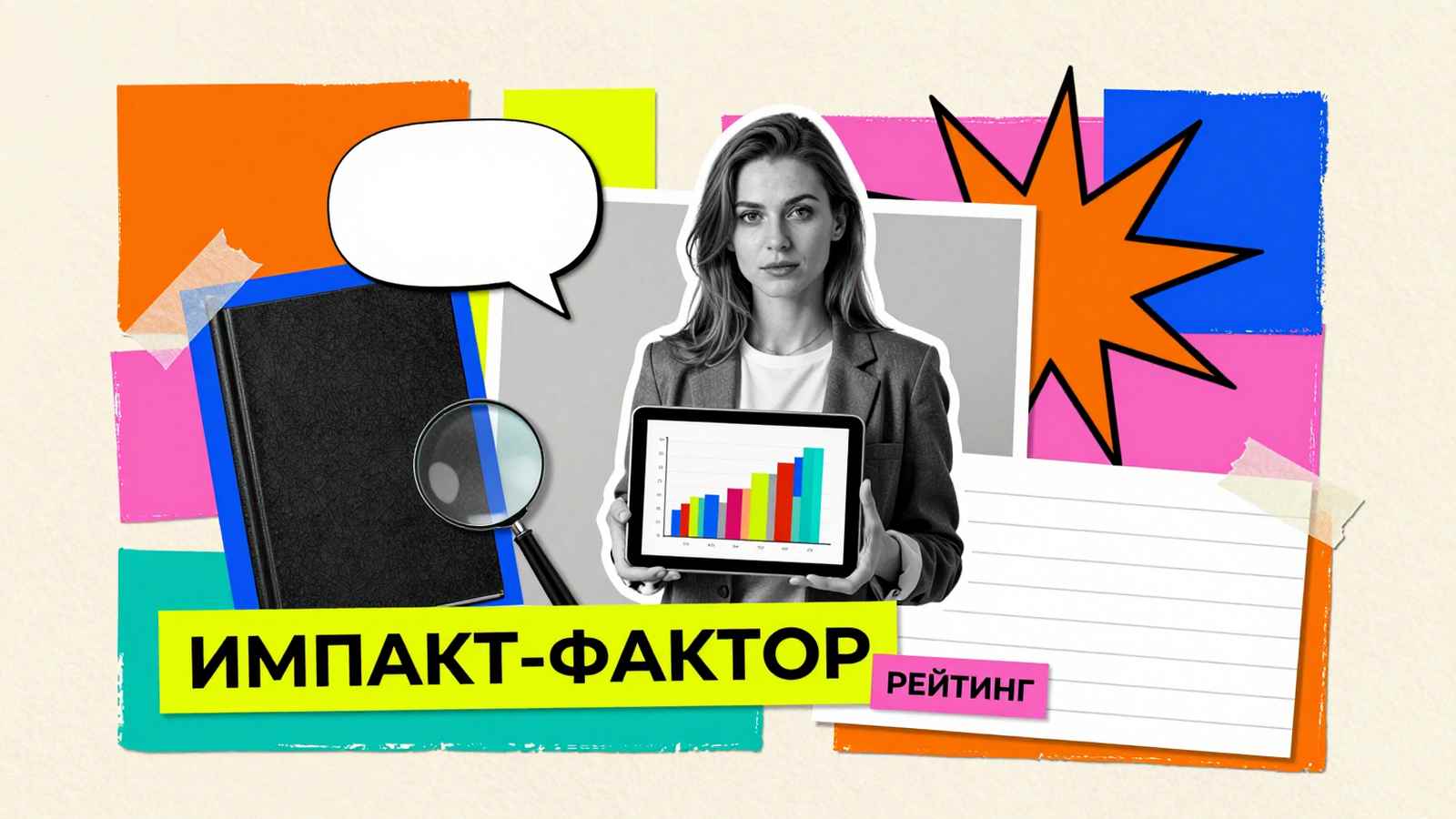 Как узнать импакт-фактор: коллаж с исследователем, планшетом с графиками цитируемости и периодическим научным изданием
