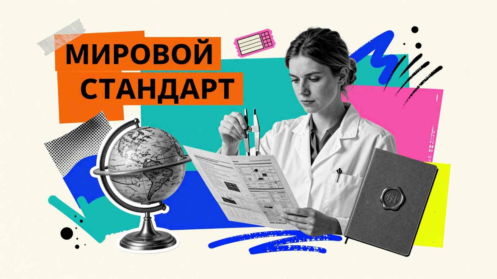 Международные требования к диссертациям: коллаж с исследователем, армиллярной сферой и бланком научного досье в контексте мировых стандартов