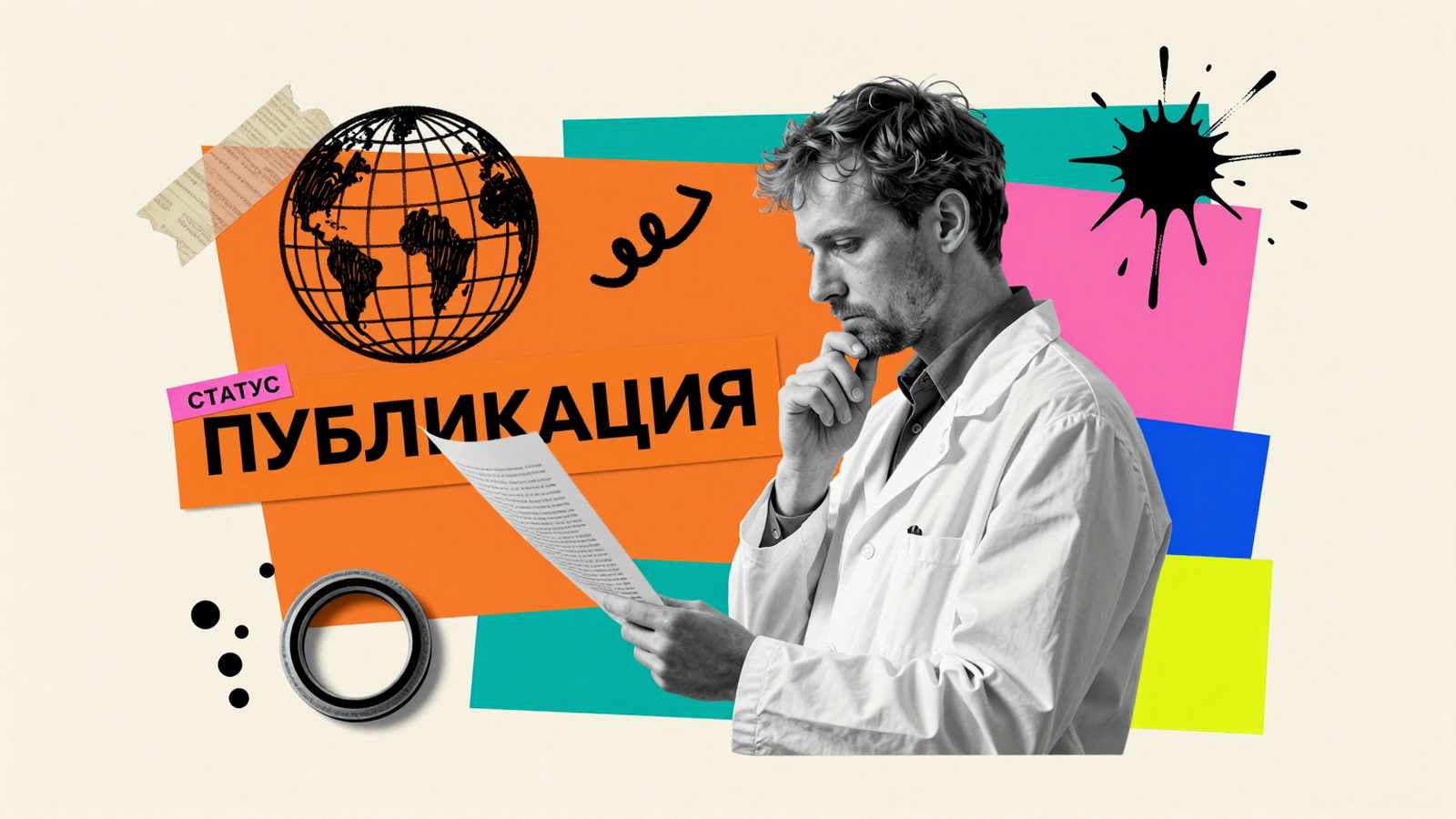 Публикация статьи Как опубликоваться в Thomson Reuters: концептуальный арт-коллаж с исследователем и графикой международной научной публикации