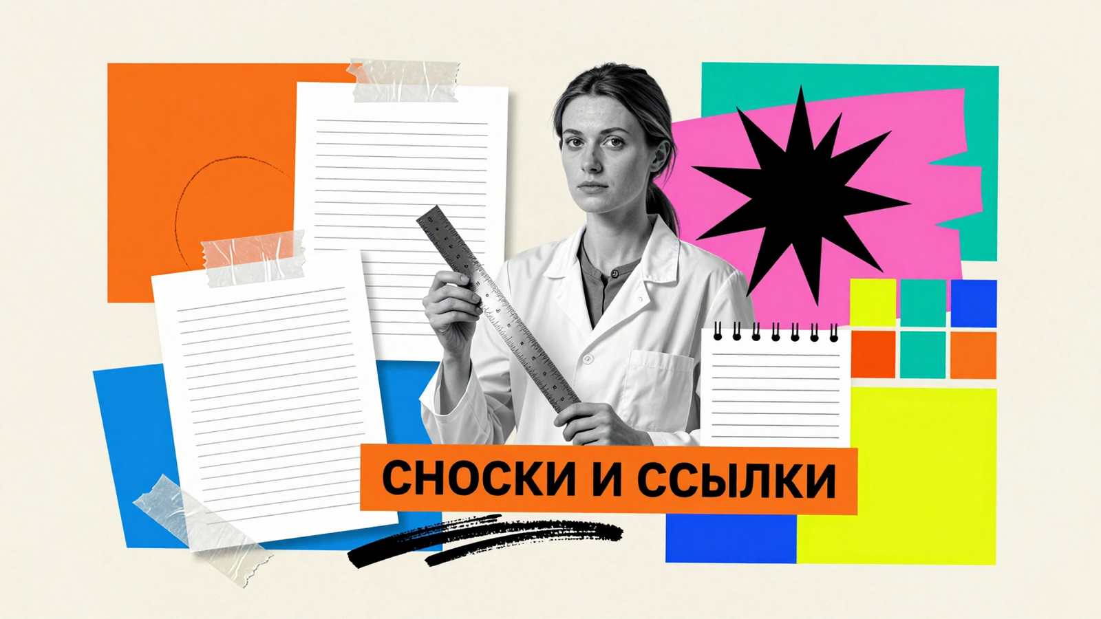 Сноски и ссылки в диссертации: художественный коллаж с исследователем, макетами страниц научной работы и плакатной типографикой