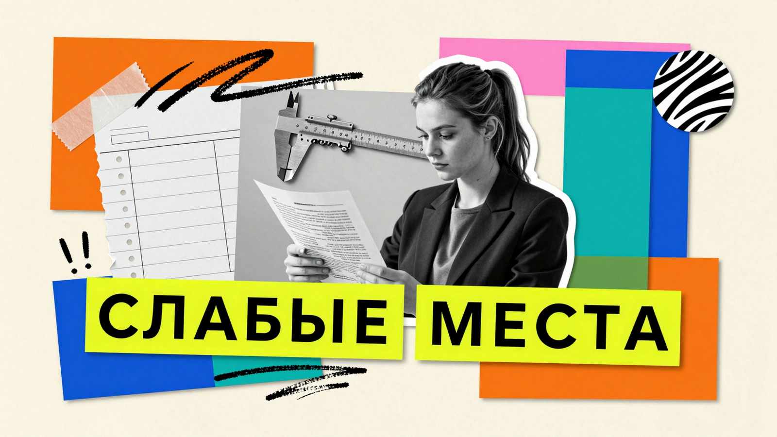 Как выявить слабые места у научной статьи: коллаж с редактором, проверяющим структуру рукописи с помощью измерительного циркуля