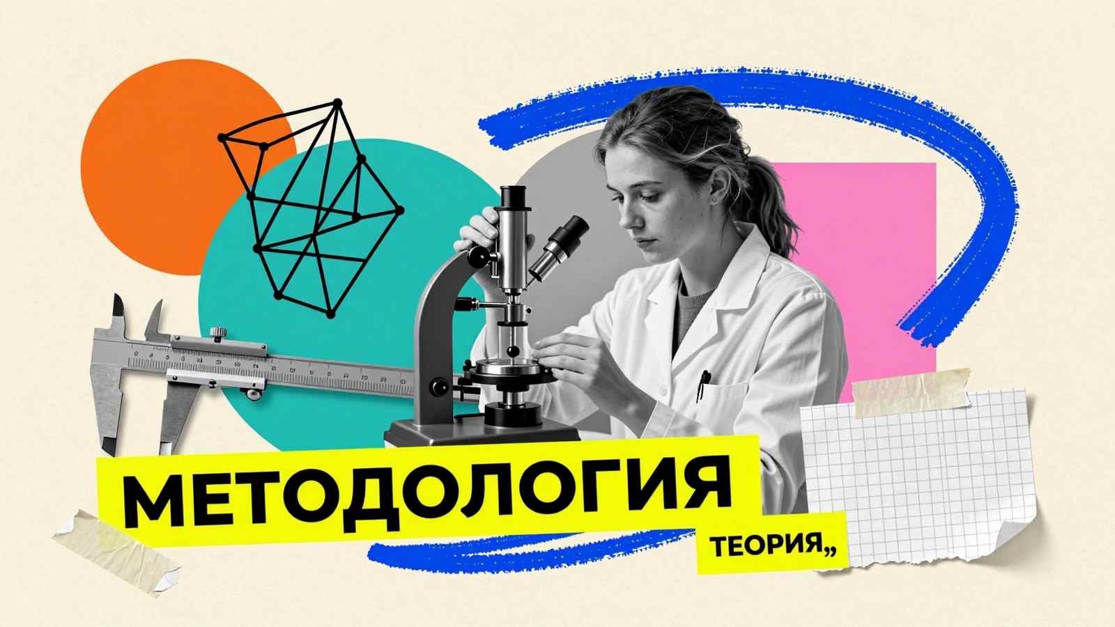 Методологическая основа научного исследования: коллаж с исследователем, оптическим спектрометром, моделью кристаллической решетки и штангенциркулем