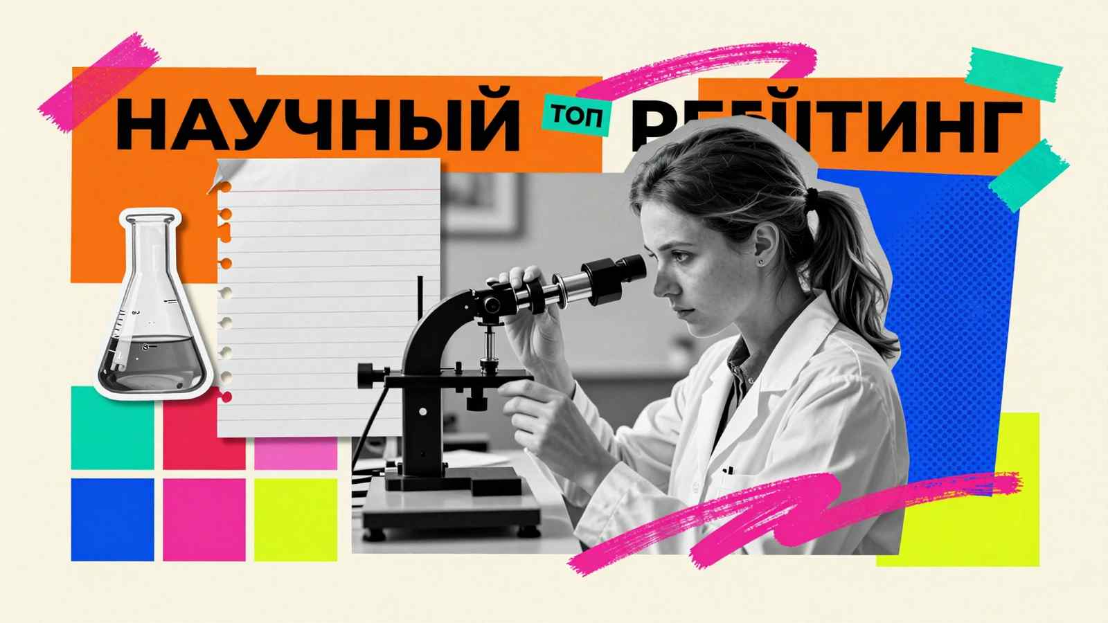 Научно-исследовательская деятельность Лучшие вузы по научно-исследовательской активности: арт-коллаж с исследователем у лабораторного оборудования и плакатным заголовком научного рейтинга
