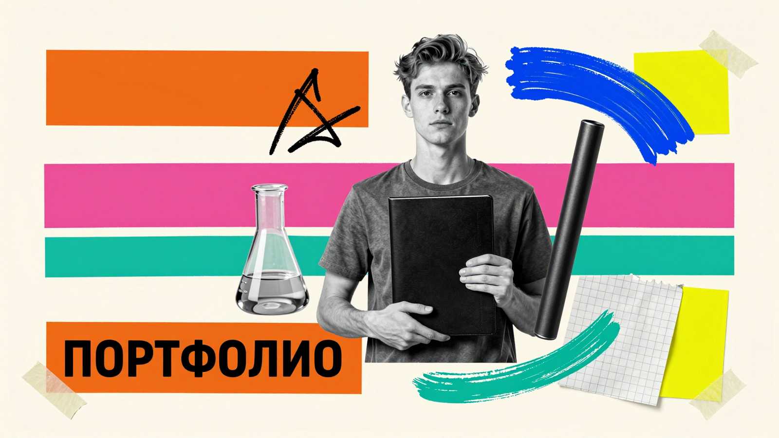 Портфолио студента: журнальный арт-коллаж со студентом, папкой достижений, лабораторной колбой и эстафетной палочкой