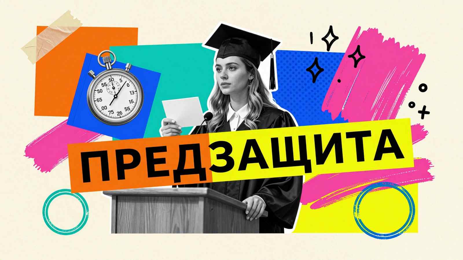 Дипломная работа Тонкости проведения предзащиты дипломной работы: коллаж со студенткой за трибуной с микрофоном, секундомером и надписью ПРЕДЗАЩИТА