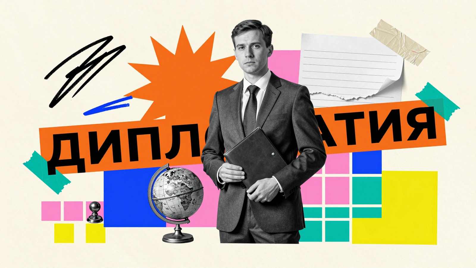 Написание научных и учебных работ для МГИМО: коллаж с исследователем-международником, папкой документов, настольным глобусом и печатью.