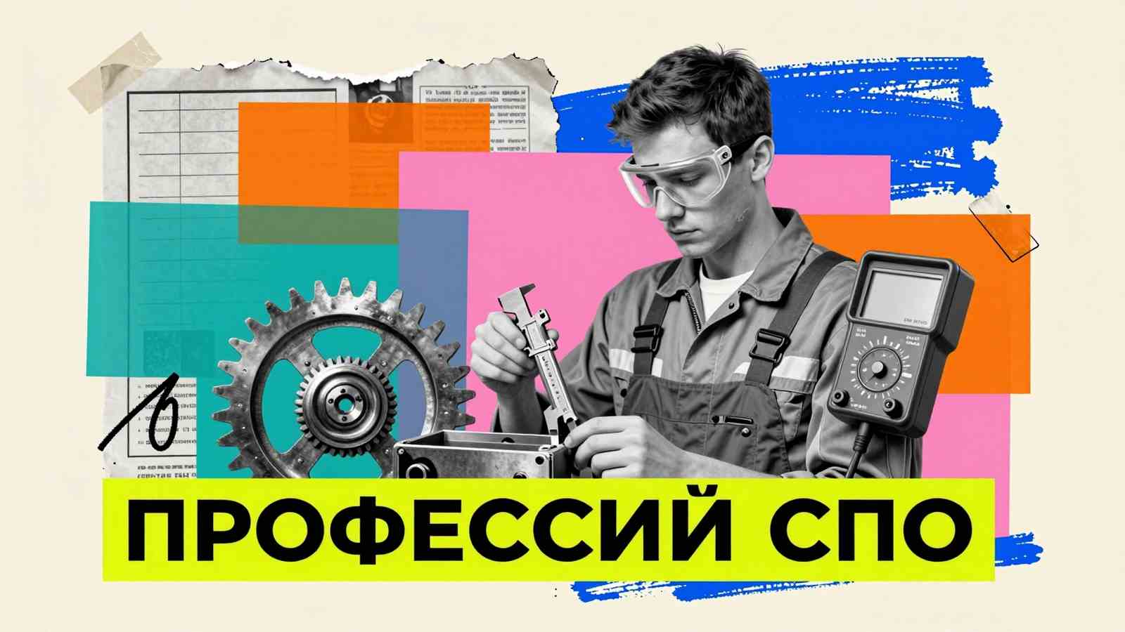 Востребованные специальности Востребованные специальности СПО: коллаж с молодым специалистом технической профессии, штангенциркулем и промышленными деталями