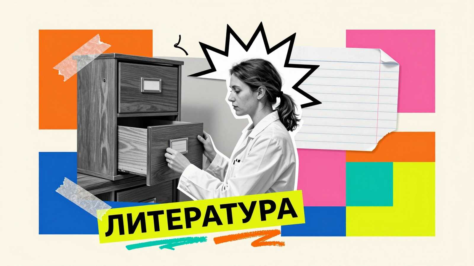 Диссертационное исследование Подбор качественной литературы для диссертации: архивная картотека научных трудов и карточки поиска в коллажной иллюстрации