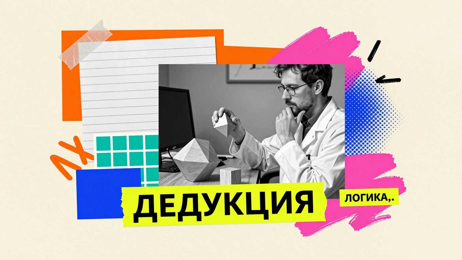 Дедуктивный метод познания: концептуальный эдиториал-коллаж с исследователем, геометрическими моделями логики и типографикой на фактурной бумаге