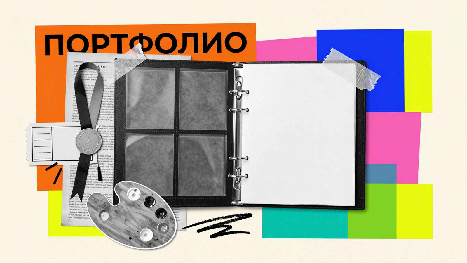 Правила создания портфолио школьника: папка с файлами достижений, спортивная наградная лента и художественная палитра в коллаже
