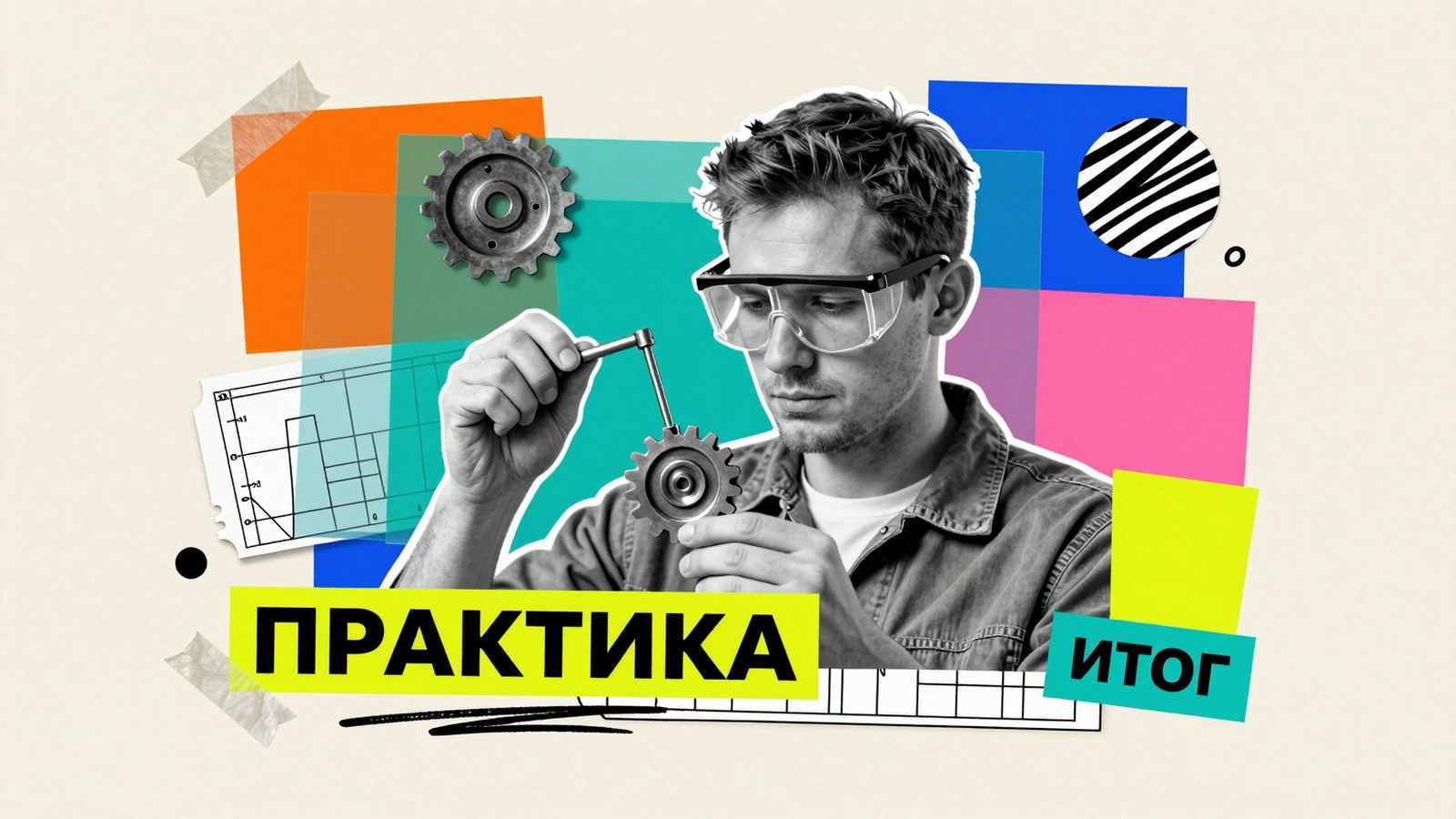 Практическая значимость научного исследования: концептуальный арт-коллаж с инженером, измерительными приборами и шестеренками, отражающий внедрение научных разработок в производство.