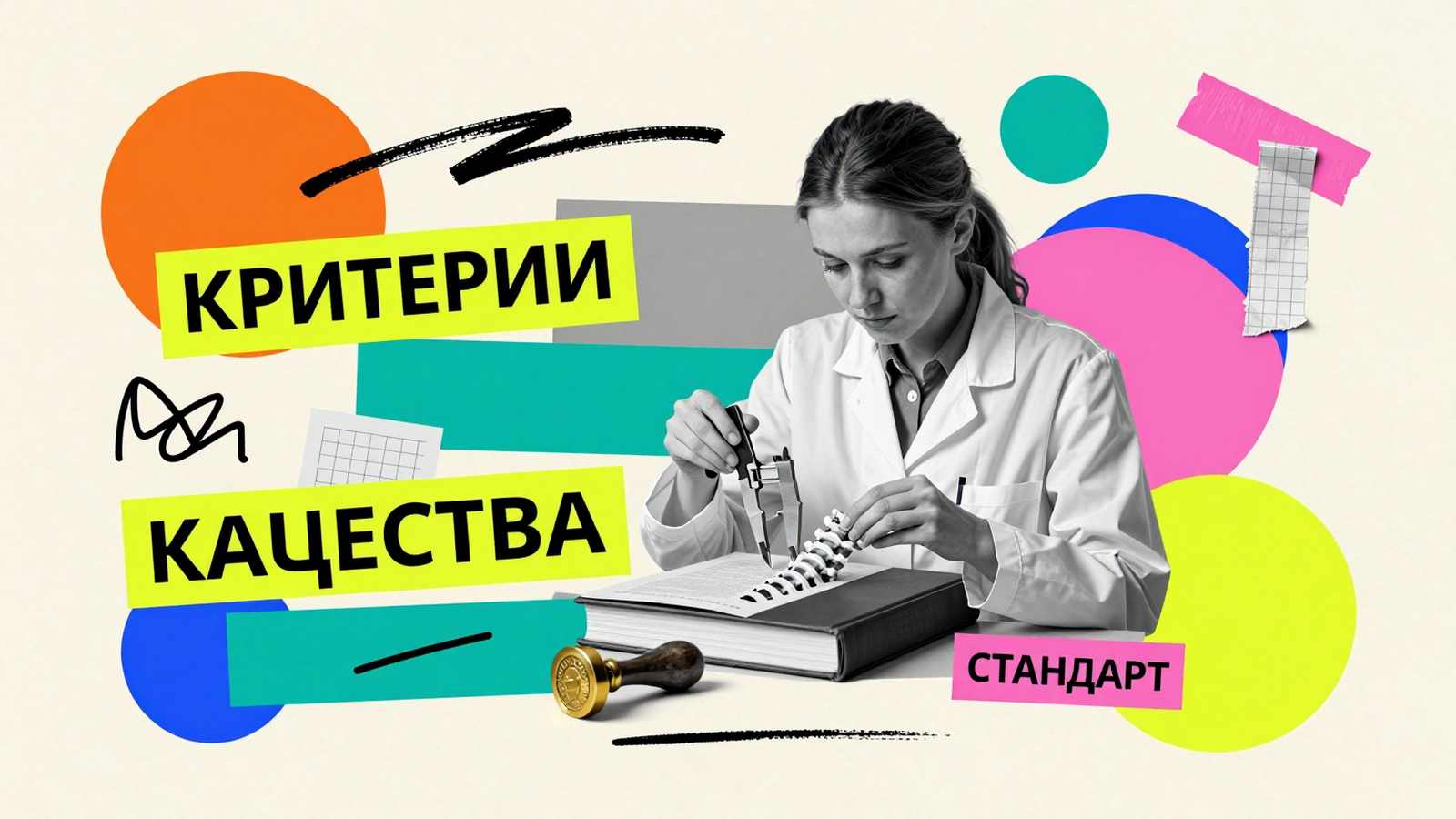 Критерии качества дипломной работы: арт-коллаж с исследователем, проверяющим переплет научной работы штангенциркулем, и знаком соответствия стандартам