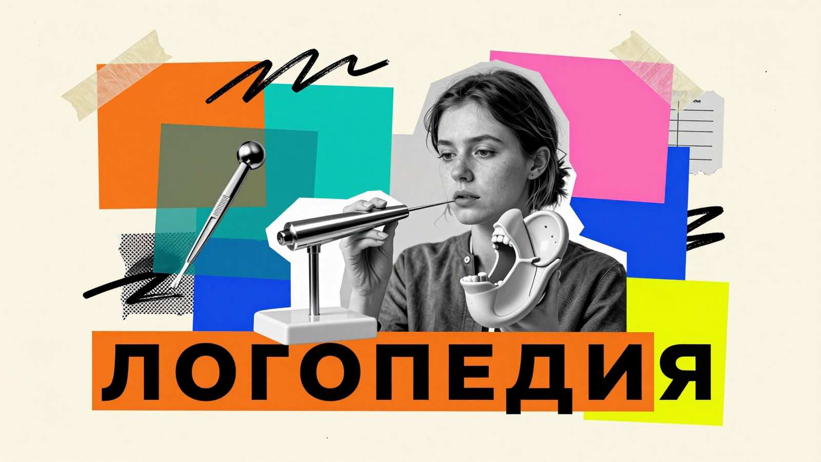 Подготовка к контрольной работе по логопедии: коллаж с анатомической моделью речевого аппарата, логопедическими зондами и правилами подготовки.