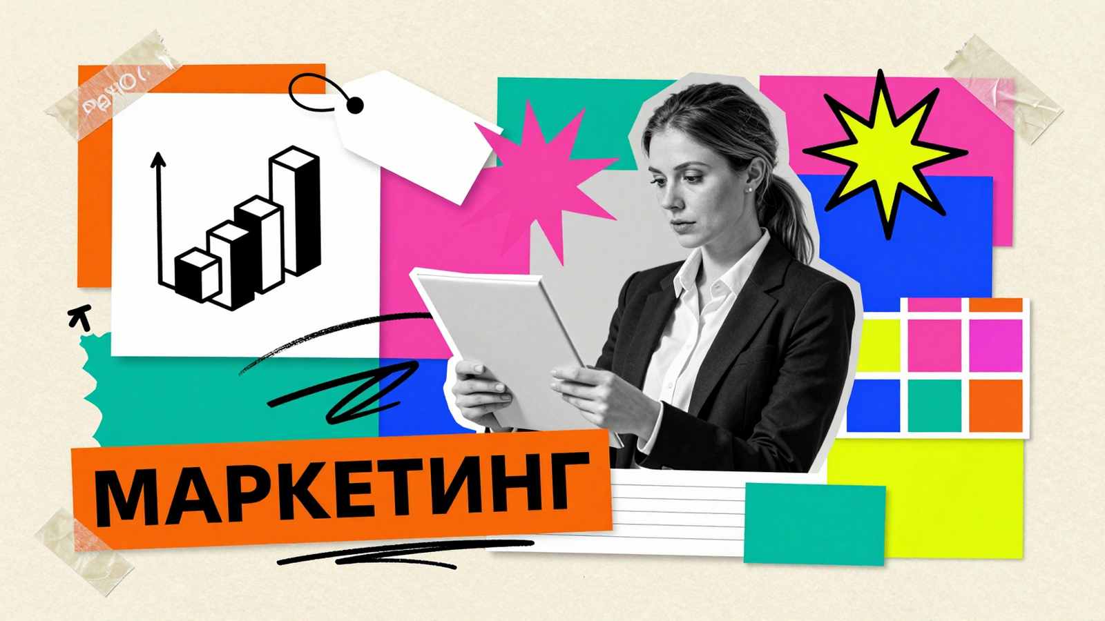 Курсовые и дипломные работы по маркетингу: редакционный арт-коллаж со специалистом по маркетингу, графиками продаж и образцами продукции