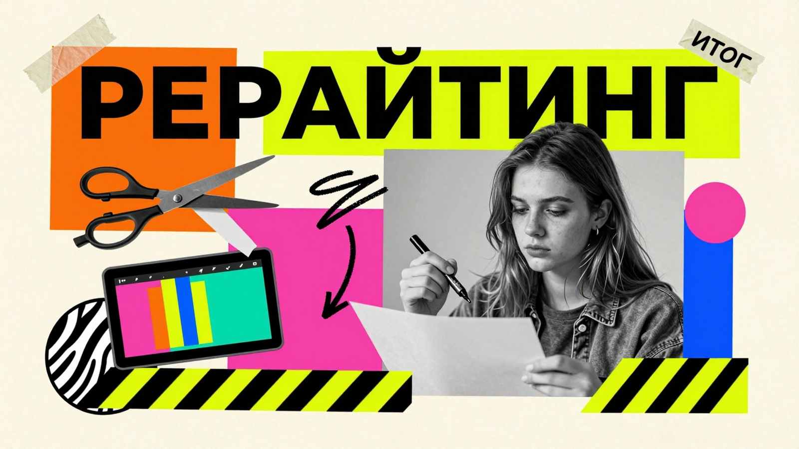 Рерайтинг дипломной работы: журнальный коллаж с редактором, разрезанными полосками бумаги и графиком проверки оригинальности текста