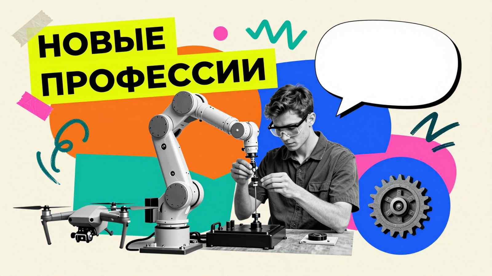 Обзор новых специальностей колледжей: коллаж с техником робототехники, деталями дронов и надписью новые профессии