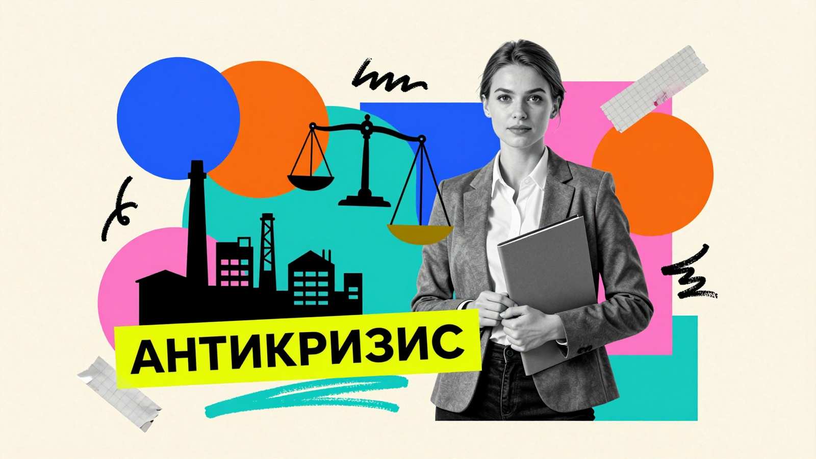 Научные работы для студентов Антикризисное управление: концептуальный арт-коллаж с антикризисным управляющим, силуэтом промышленного завода и аналитическими весами.
