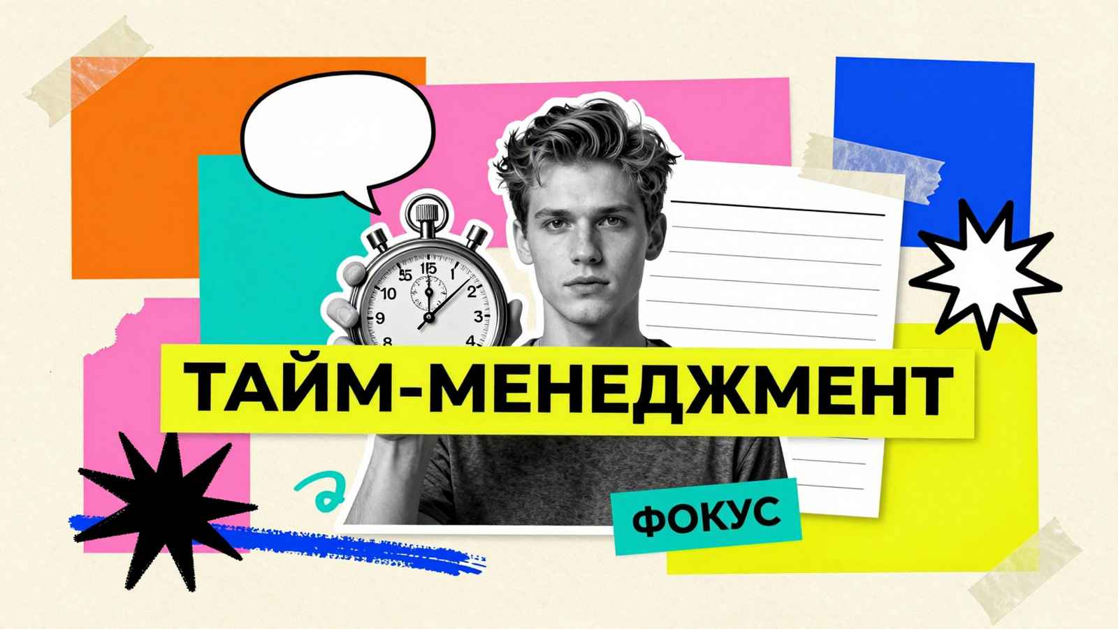 Самоорганизация студентов Тайм-менеджмент для студентов: журнальный коллаж со студентом, механическим секундомером, циферблатом часов и яркой типографикой