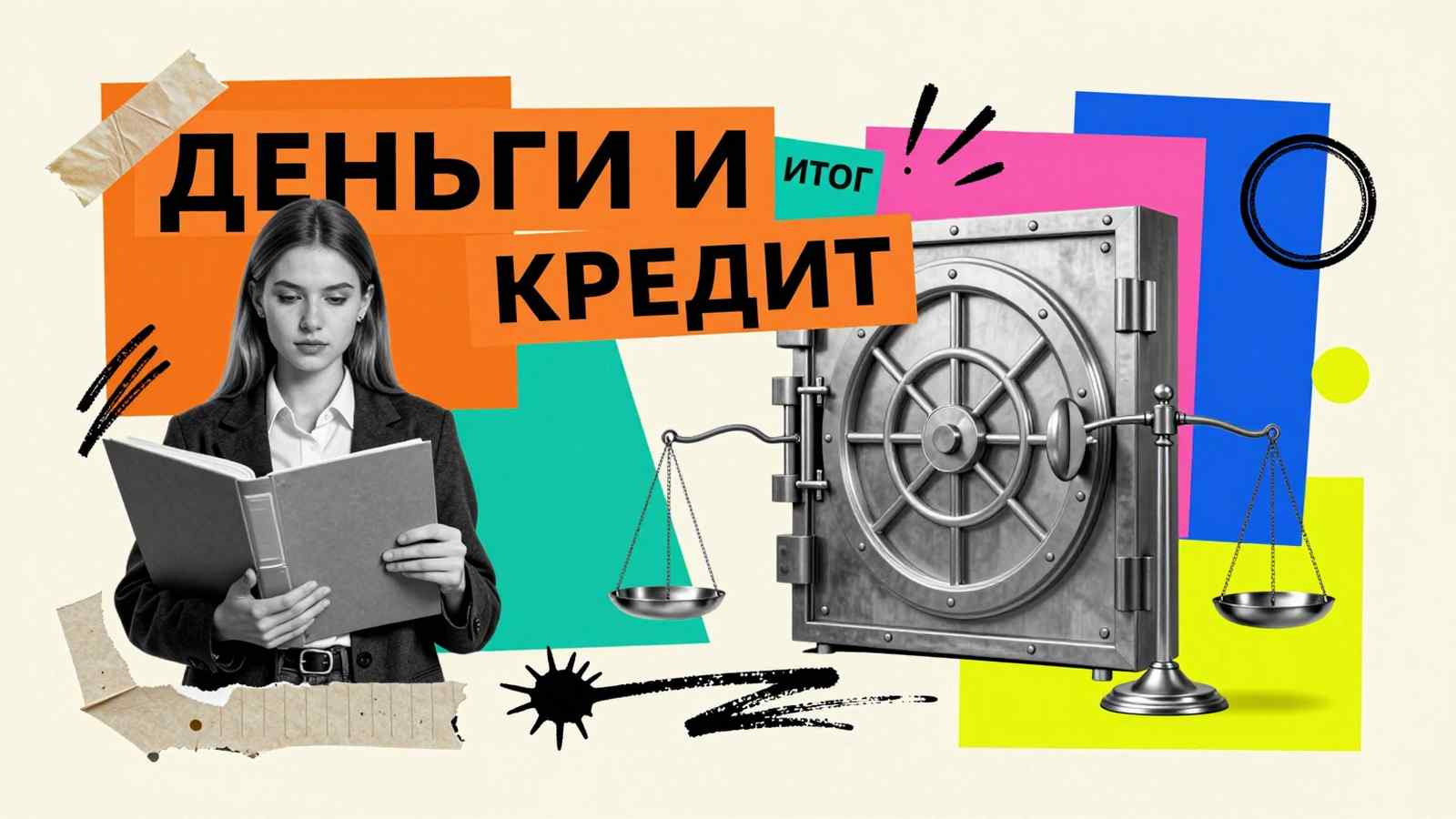 Контрольная работа Подготовка к контрольной работе по дисциплине «Деньги, кредит, банки»: коллаж с изображением студентки, банковского сейфа и весов