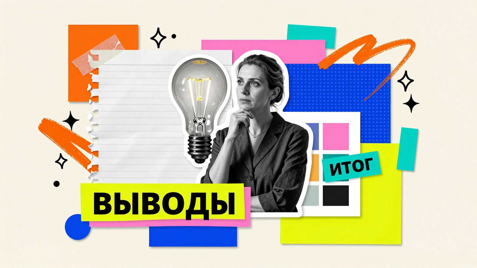 Выводы и предложения в курсовой работе: концептуальный поп-арт коллаж с мыслительным процессом исследователя, схемами и типографикой