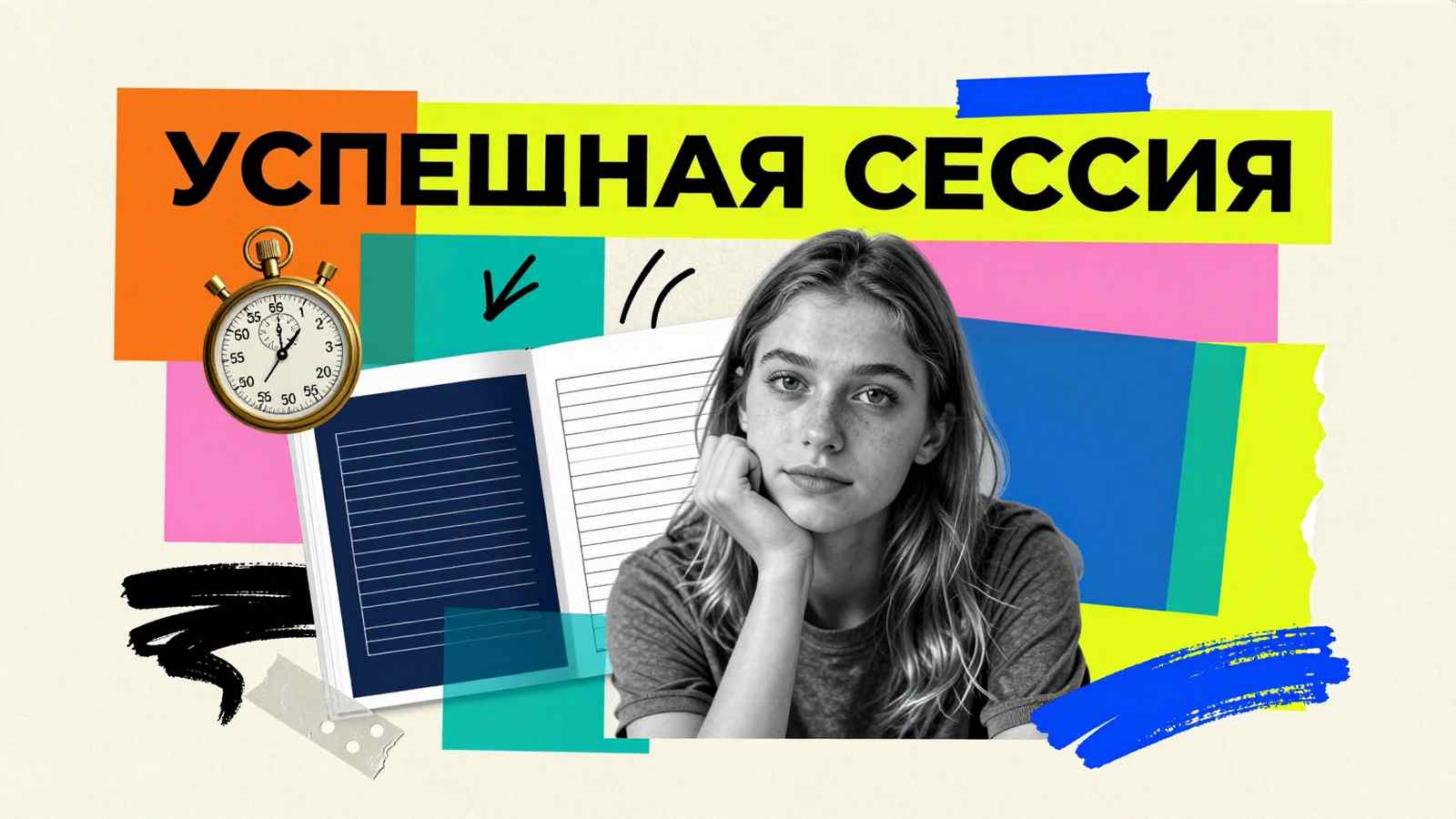 Сдача сессии Как успешно сдать экзаменационную сессию: коллаж со студенткой, зачетной книжкой, аналоговым секундомером и типографикой на цветных полосах