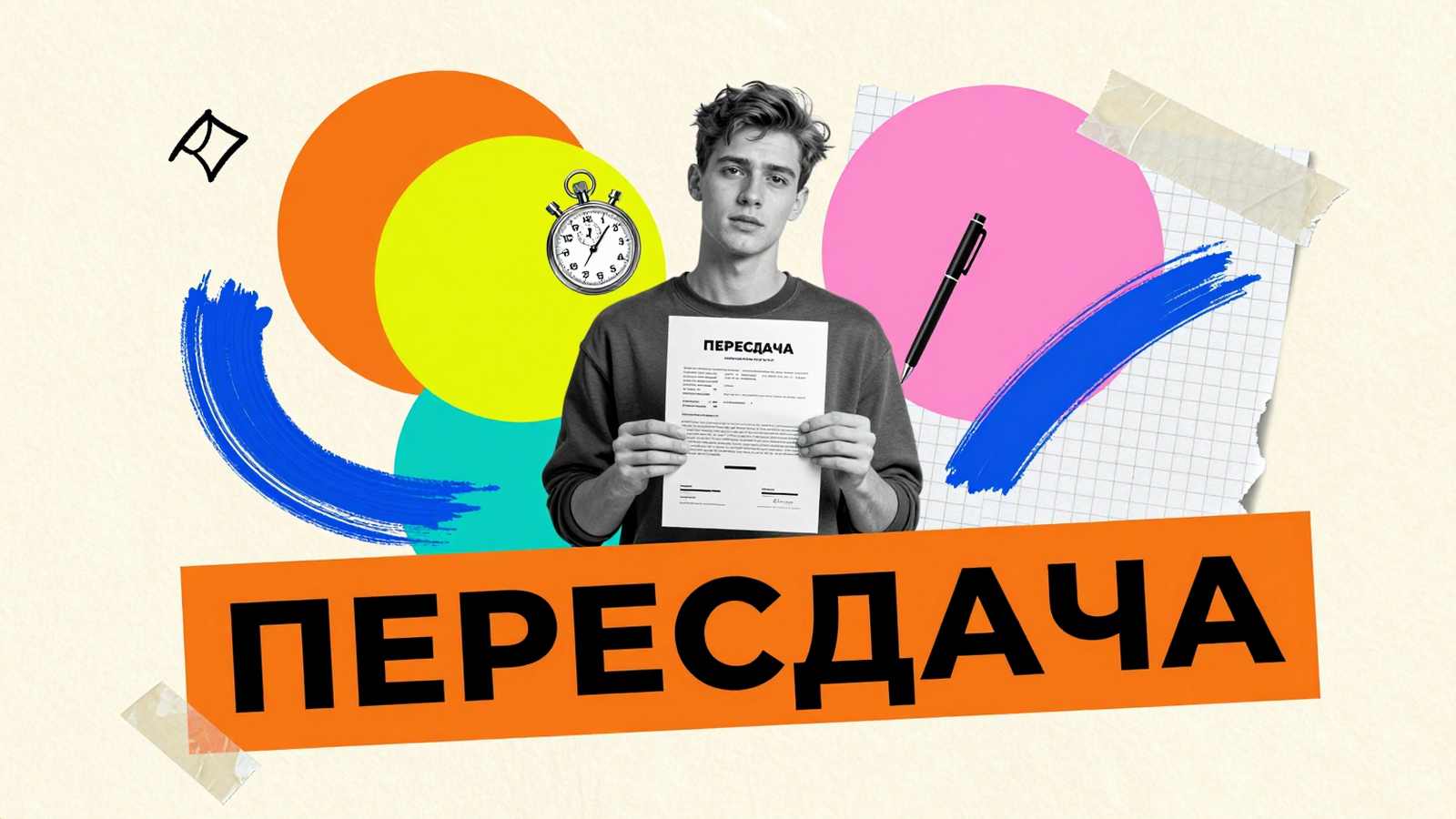 Особенности пересдачи экзаменов и зачетов: коллаж со студентом, бланком допуска, секундомером и типографикой на плашке