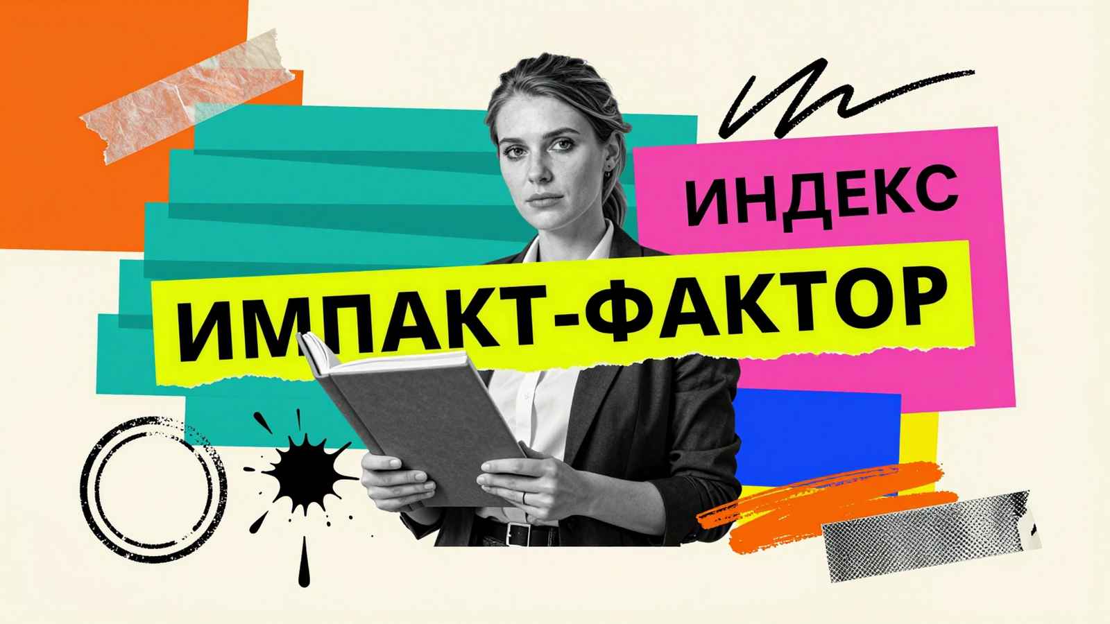 Импакт-фактор научного журнала: коллаж с научным редактором, символическими метрическими шкалами и элементами цитируемости периодики.