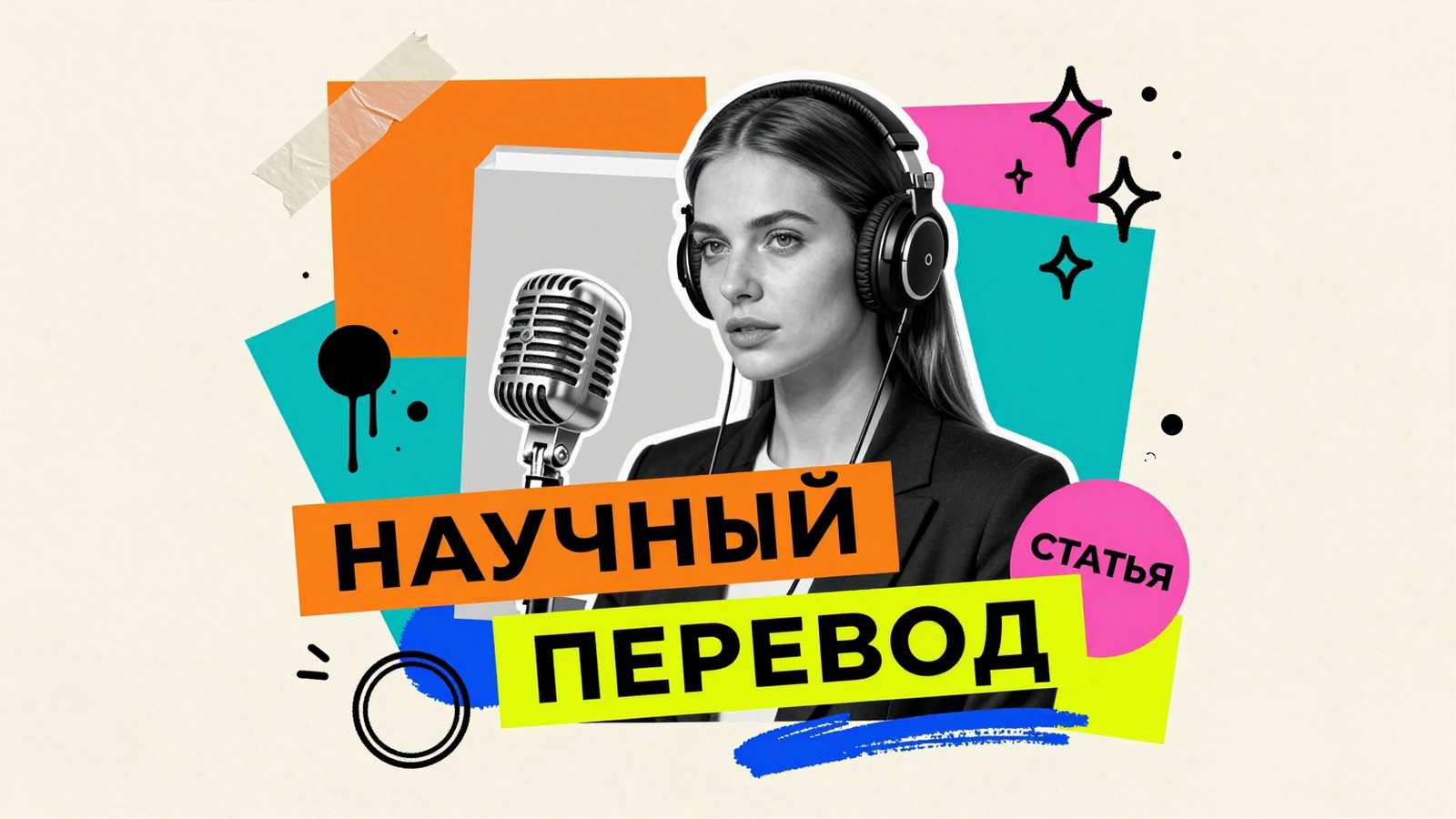 Перевод работ Перевод научных работ на иностранные языки: коллаж с переводчиком в наушниках, микрофоном и папкой рукописи
