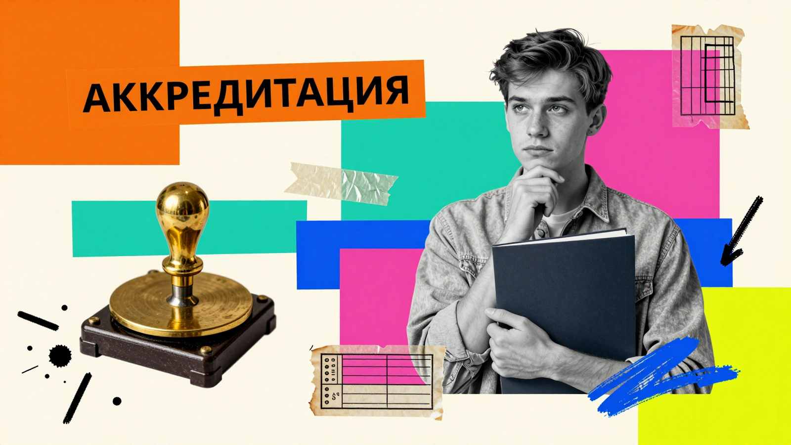 Проблемы с аккредитацией ВУЗа: коллаж со студентом с папкой документов, прессом для печати и надписью аккредитация