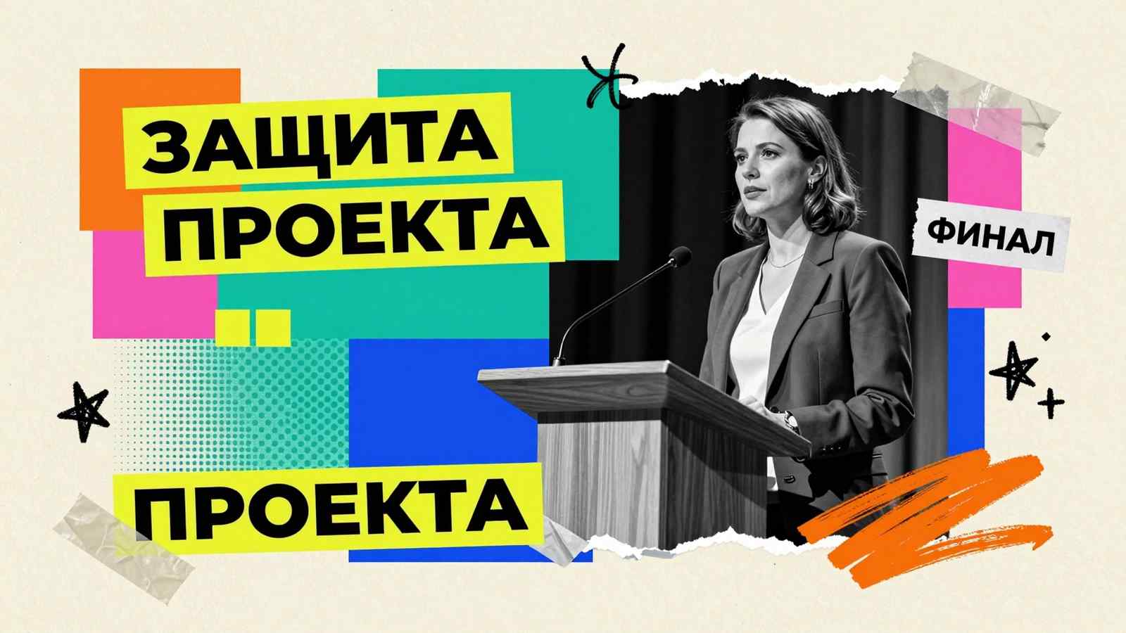 Дипломный проект Поведение на заседании ГАК при защите диплома: коллаж с уверенным докладчиком у трибуны с микрофоном