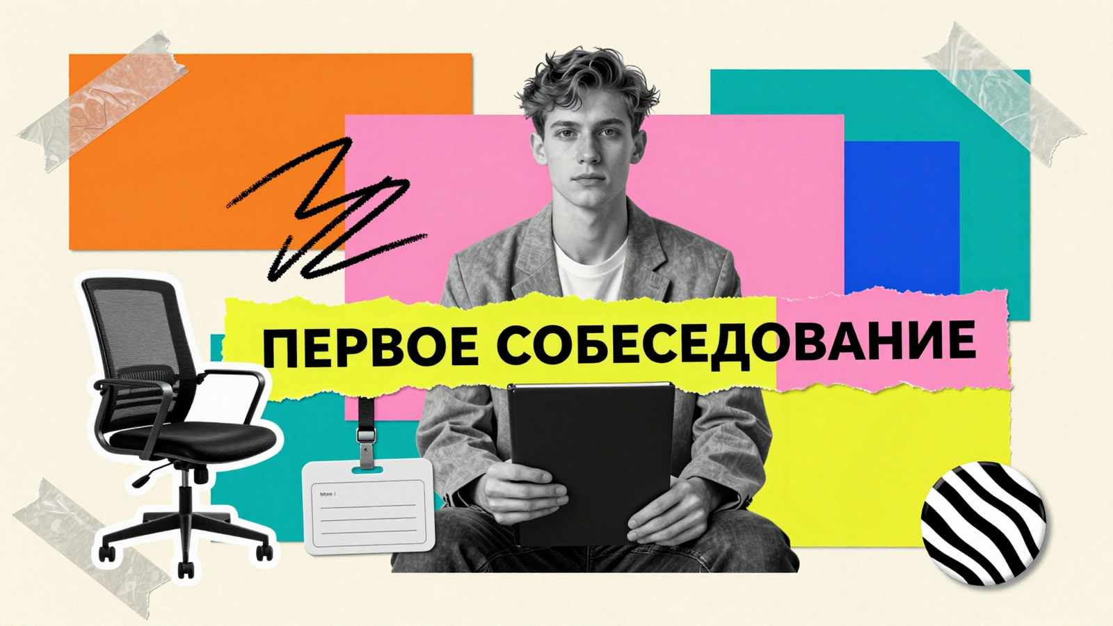 Выпускникам вузов Первое собеседование выпускника ВУЗа: арт-коллаж с кандидатом в блейзере, папкой документов и элементами офисной стилистики