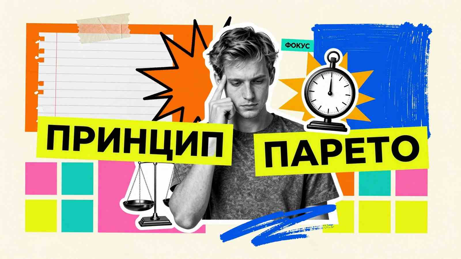 Принцип Парето Принцип Парето 20/80 в жизни студента: концептуальный арт-коллаж с весами баланса, таймером и думающим студентом